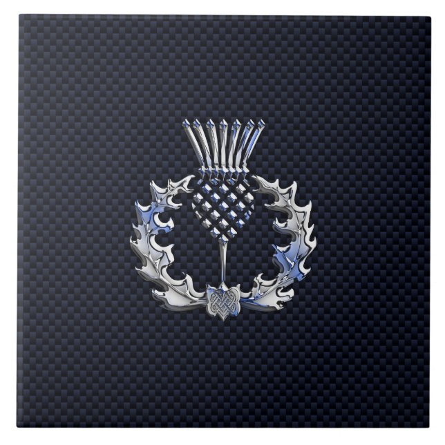Carbon Fibre Print Silver Scottish Thistle Tile (Front)