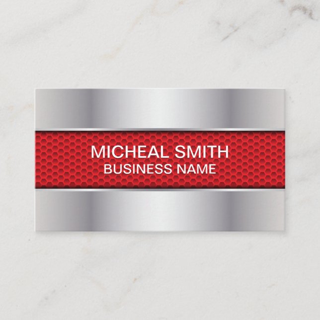 Carbon Fibre Red | Silver Metallic Business Card (Front)