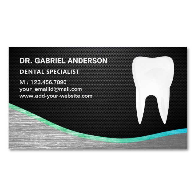 Carbon Fibre Steel Tooth Dental Clinic Dentist Magnetic Business Card (Front)