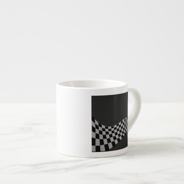Carbon Fibre Style Chequered Racing Flag Wave Espresso Cup (Front Right)
