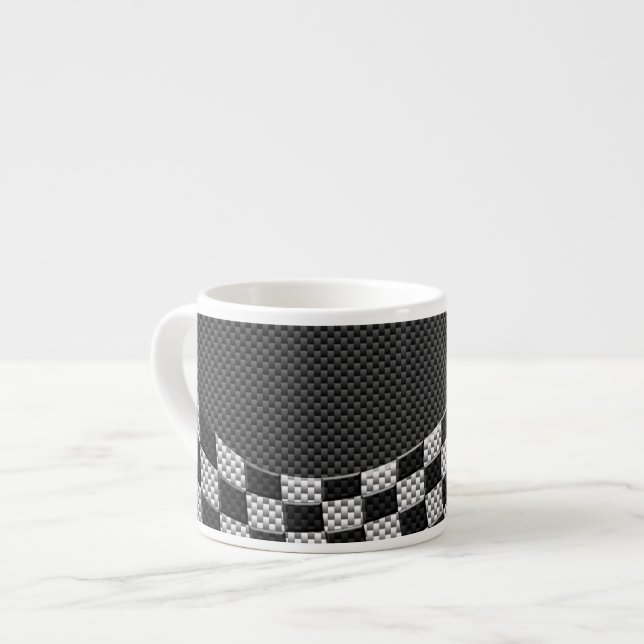 Carbon Fibre Style Chequered Racing Flag Wave Espresso Cup (Front Left)