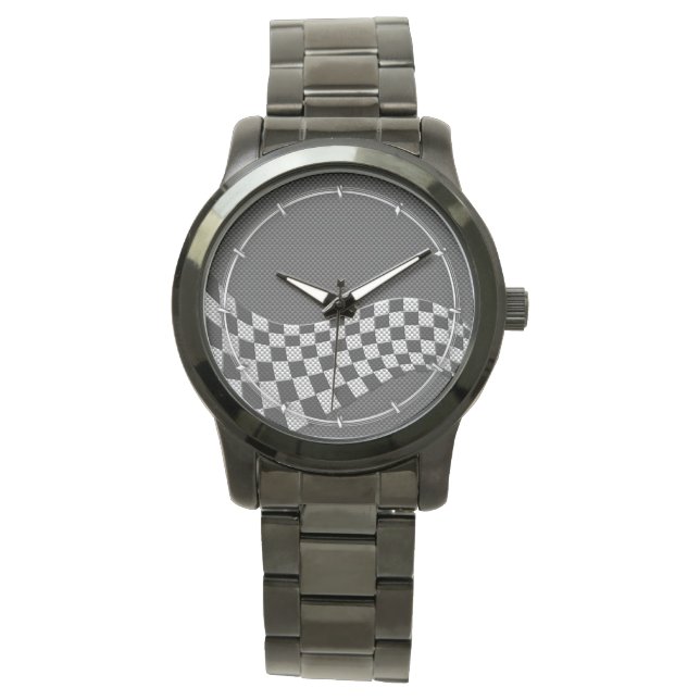 Carbon Fibre Style Chequered Racing Flag Wave Watch (Front)