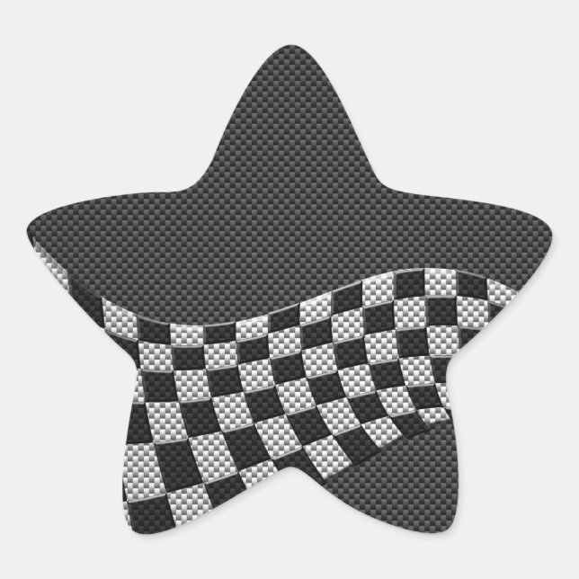 Carbon Fibre Style Racing Flag Checkers Wave Print Star Sticker (Front)