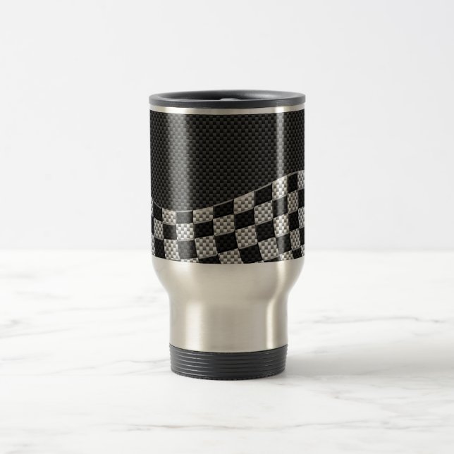 Carbon Fibre Style Racing Flag Checkers Wave Print Travel Mug (Center)