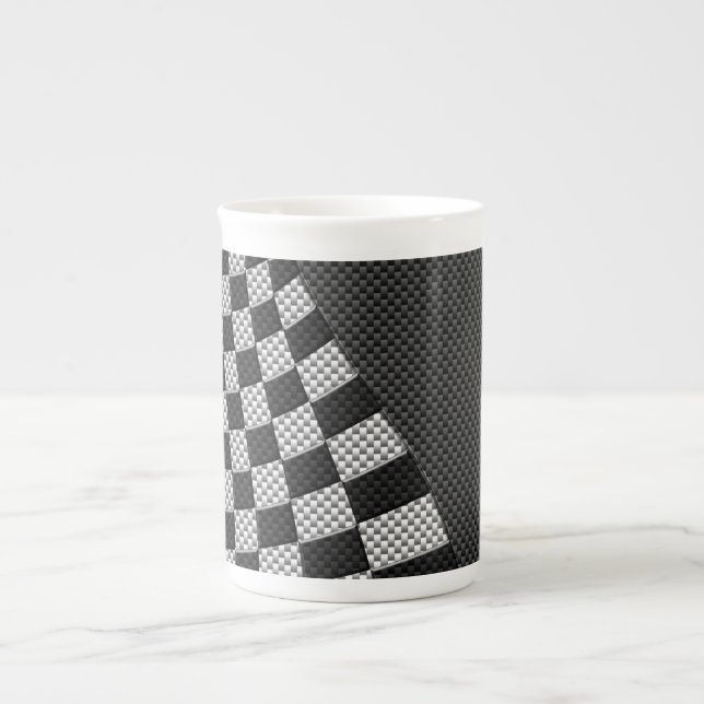 Carbon Fibre Style Racing Flag Wave Decor Bone China Mug (Front)