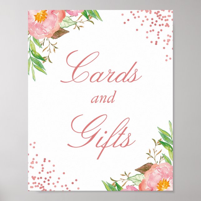 Card and Gifts Chic Floral Pink Rose Gold Confetti Poster (Front)