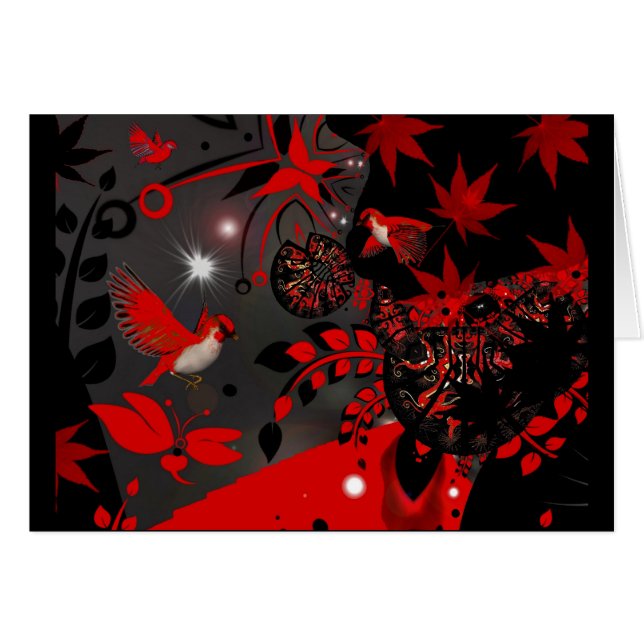 Card Asian Red Birds (Front Horizontal)