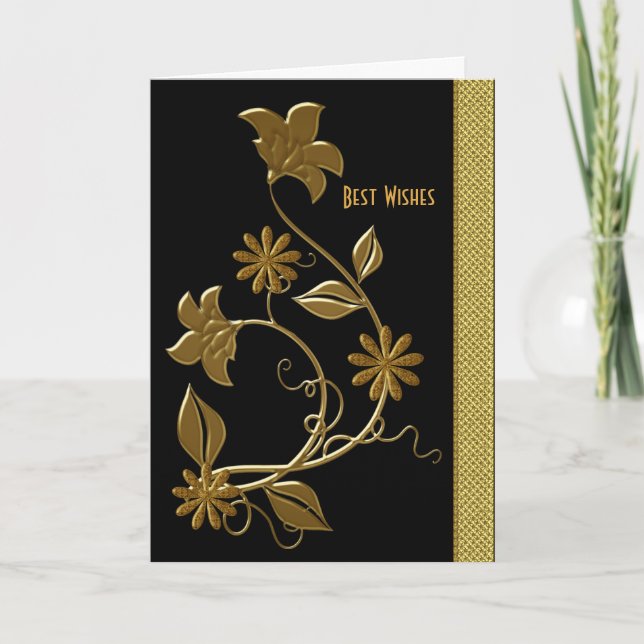 Card Best Wishes Birthday Black Gold Floral (Front)