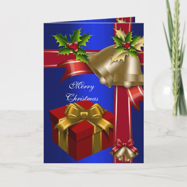 Card Christmas Merry Xmas Blue Red Gold Green (Front)