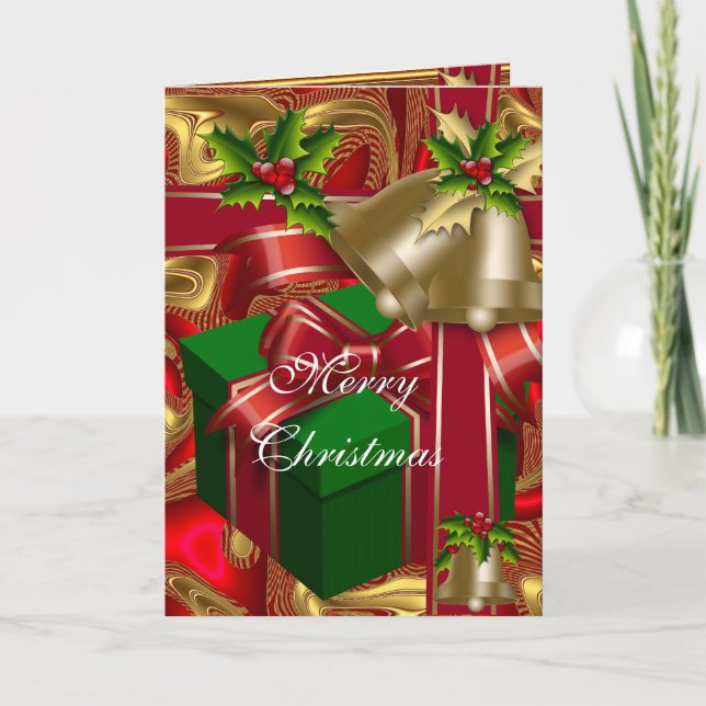 Card Christmas Merry Xmas Red Gold Green (Front)