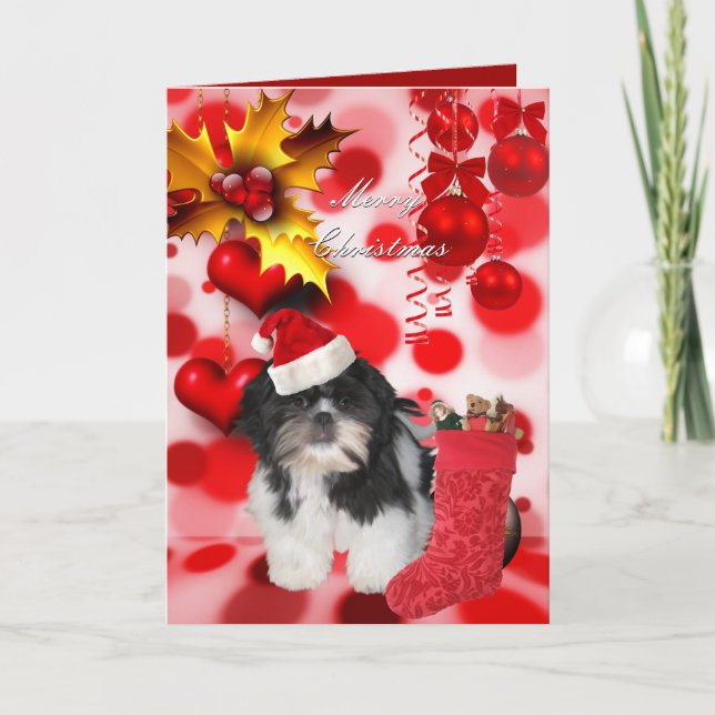 Card Christmas Xmas Dog Shitzu Puppy Hat Hearts (Front)