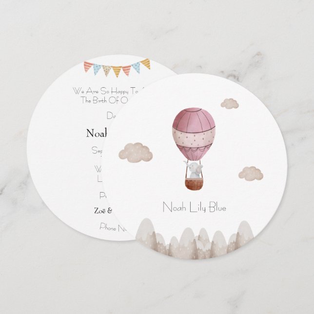 Card (Circle) - Birth Announcement Elephant (Front/Back)
