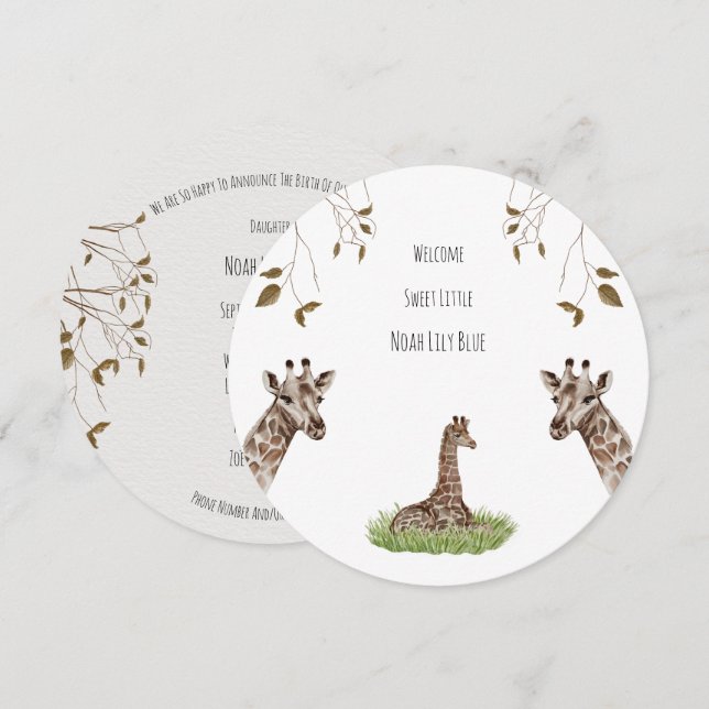 Card (Circle) - Birth Announcement Giraffe (Front/Back)