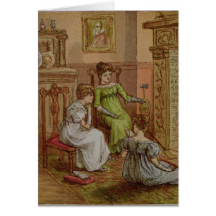 Card depicting a fireside scene