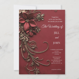 CARD: Elegant Red Gold Floral Wedding Invitation