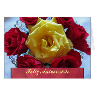 Card - Feliz Aniversário - Rosas Amarillas y Rojas