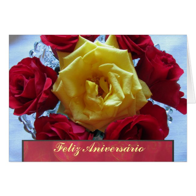 Card - Feliz Aniversário - Rosas Amarillas y Rojas (Front Horizontal)