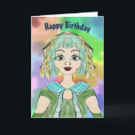 Card for a 13th Birthday for Great Granddaughter<br><div class="desc">Card for a 13th birthday for your great granddaughter. This is a cute hand drawn and painted design with a young girl on the front with golden and teal hair, and a green outfit and scarf. The background is mixed hand painted and colourful. The year can be changed on the...</div>