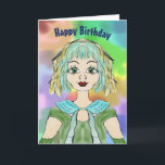 Card for a 13th Birthday for Great Granddaughter<br><div class="desc">Card for a 13th birthday for your great granddaughter. This is a cute hand drawn and painted design with a young girl on the front with golden and teal hair, and a green outfit and scarf. The background is mixed hand painted and colourful. The year can be changed on the...</div>