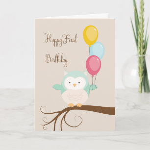Card for First Birthday with Owl and Balloons