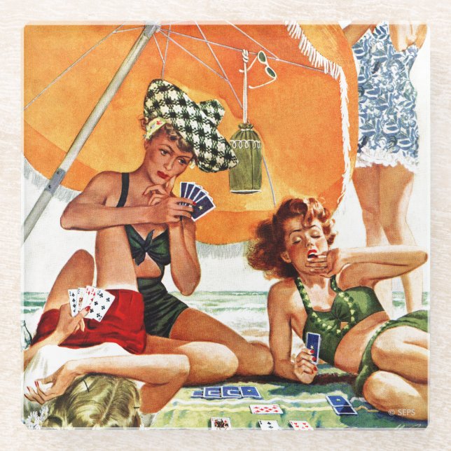 Card Game at the Beach by Alex Ross Glass Coaster (Front)