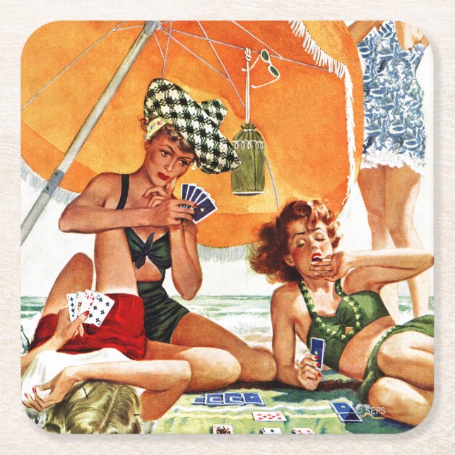 Card Game at the Beach by Alex Ross Square Paper Coaster (Front)