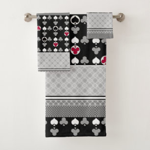 Card game, poker, table cards, red and black bath towel set