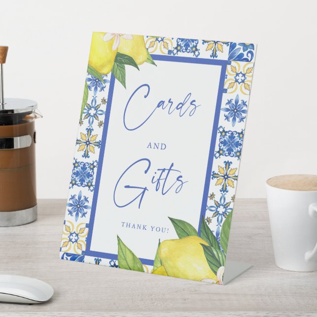 Card & Gifts Blue Tiles Lemons Bridal Shower Pedestal Sign (In SItu)