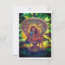 CARD - Girl sitting in peacock chair with parrot 