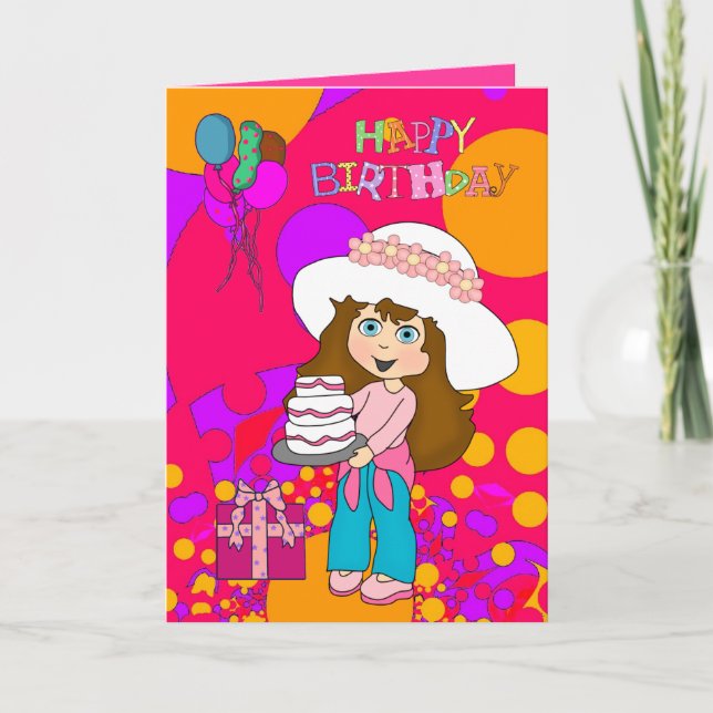 Card Kid's Girls Happy Birthday Girl Cake Balloons (Front)