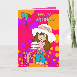 Card Kid's Girls Happy Birthday Girl Cake Balloons