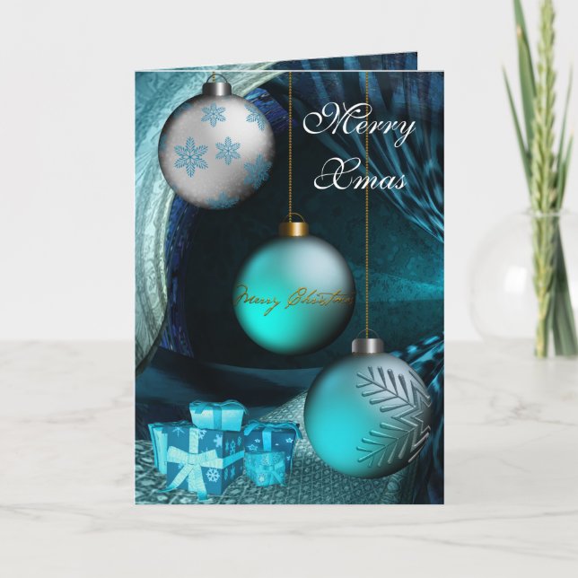 Card Merry Xmas Jade Blue Balls (Front)