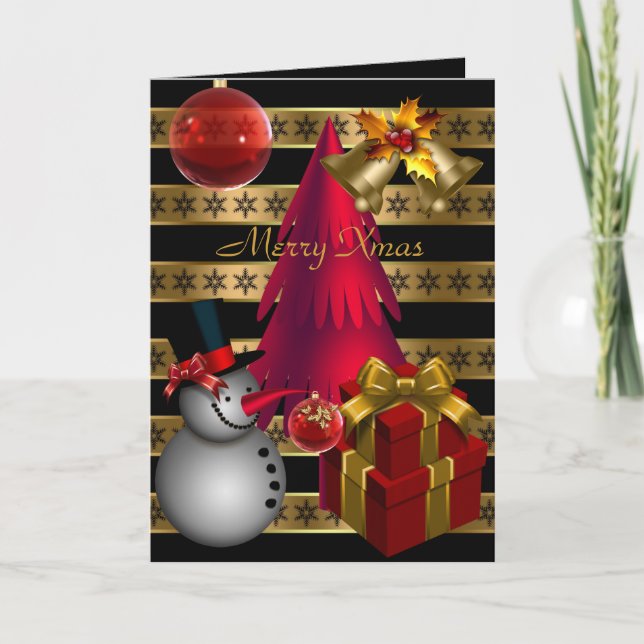 Card Merry Xmas Red Black Gold Stripe Christmas (Front)
