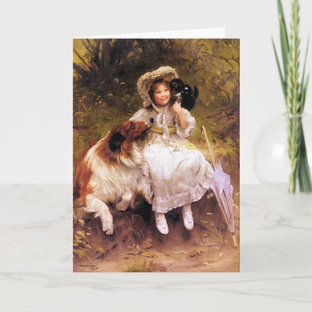 Card or Invitation:  Pet Collie Dog, Girl and Cat (Front)