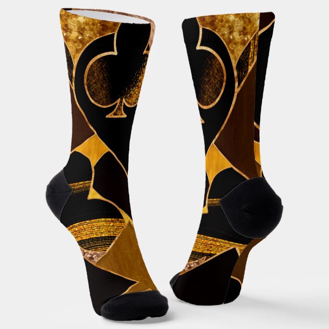 Card Suit Symbols collage - Black And Gold texture Socks (Angled)