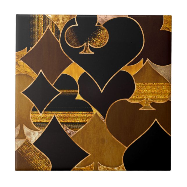 Card Suit Symbols collage - Black And Gold texture Tile (Front)