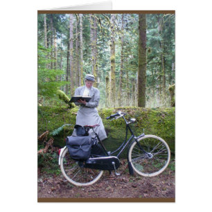 Card —Victorian lady writing in woods, with bike