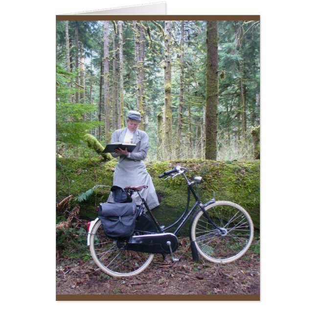 Card —Victorian lady writing in woods, with bike (Front)