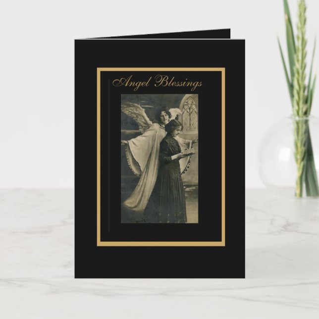 Card Vintage Angel Blessings Black Gold Frame (Front)