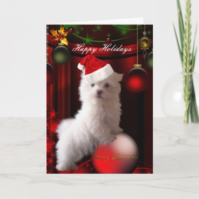 Card White Puppy Dog Flowers "Happy Holidays" (Front)