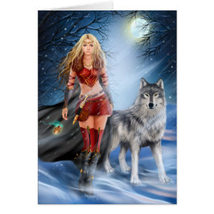 Card Winter Warrior Princess and wolf