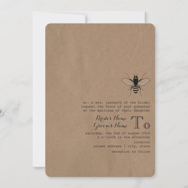 Cardboard Inspired Honey Bee Wedding Invitation (Front)