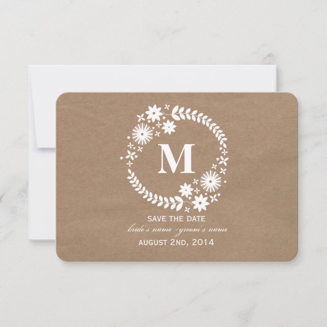 Cardboard Inspired White Wreath Monogram Save Date Save The Date (Front)