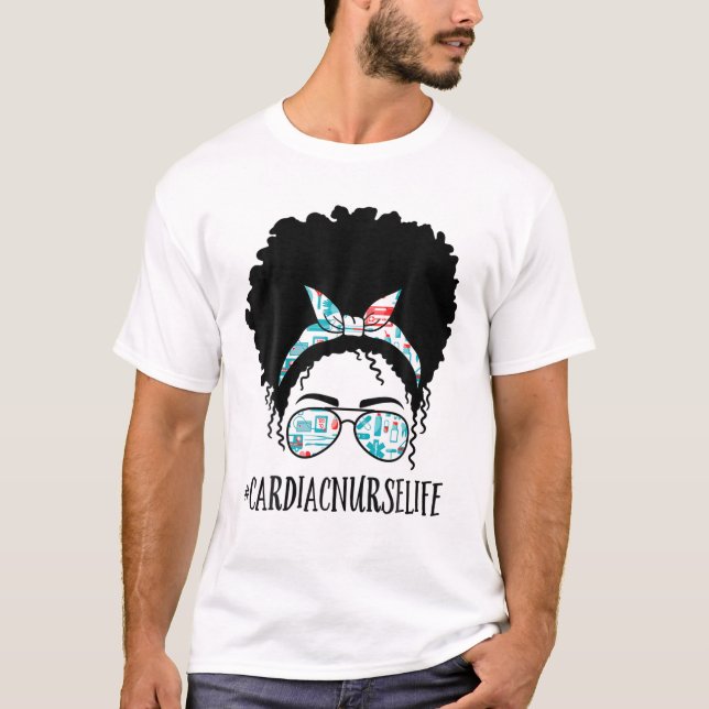 Cardiac Nurse Black Afro Messy Bun African America T-Shirt (Front)
