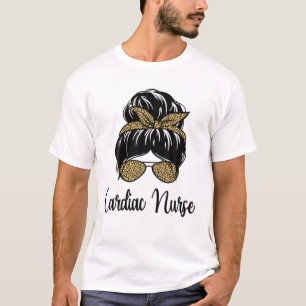 Cardiac Nurse Messy Hair Bun Leopard Cardiologist T-Shirt