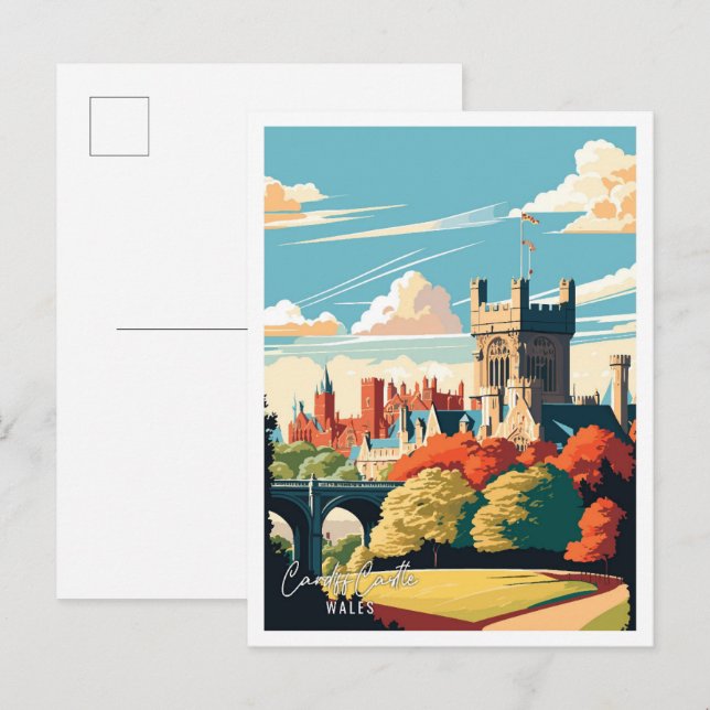 Cardiff Castle Wales vintage travel illustration Postcard (Front/Back)