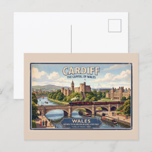 Cardiff, Wales Vintage Railway Travel Poster Postcard