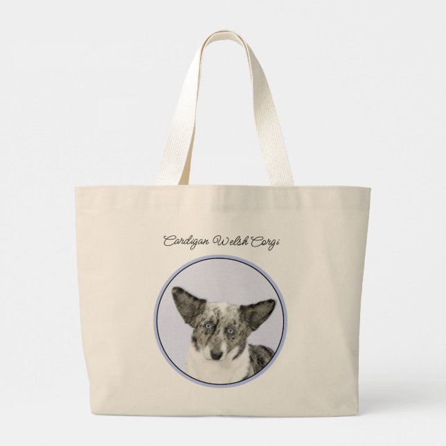 Cardigan Welsh Corgi Blue Merle Painting Dog Art Large Tote Bag (Back)