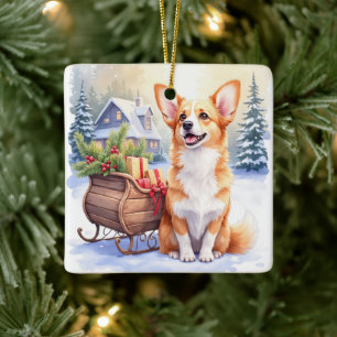 Cardigan Welsh Corgi Festive Sleigh Christmas Art Ceramic Ornament