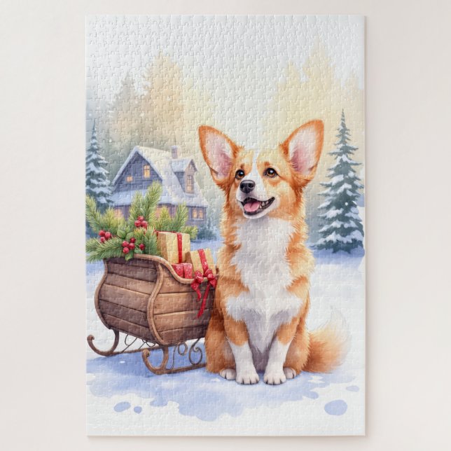Cardigan Welsh Corgi Festive Sleigh Christmas Art Jigsaw Puzzle (Vertical)